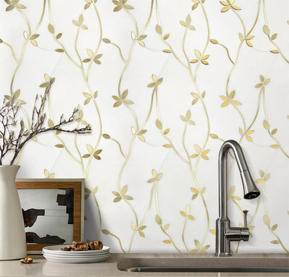 Kitchen backsplash featuring Thassos & Brass Floral Waterjet Mosaic Tile – sophisticated marble and brass floral design adding elegance.