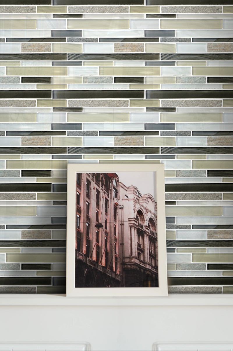 Stone & Glass Mixed Color Random Strip 12-in x 12-in Glass Mosaic Wall Tile( 10 sq. ft. /Box )