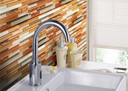 Bathroom wall with Sunset Ridge Glass Mosaic Wall Tile – colorful glass mosaic tiles enhancing a fresh and lively atmosphere.