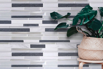 Iron Staircase Marble Slate & Glass Random Strips 12-in x 12-in Glass Mosaic Wall Tile( 10 sq. ft. /Box )
