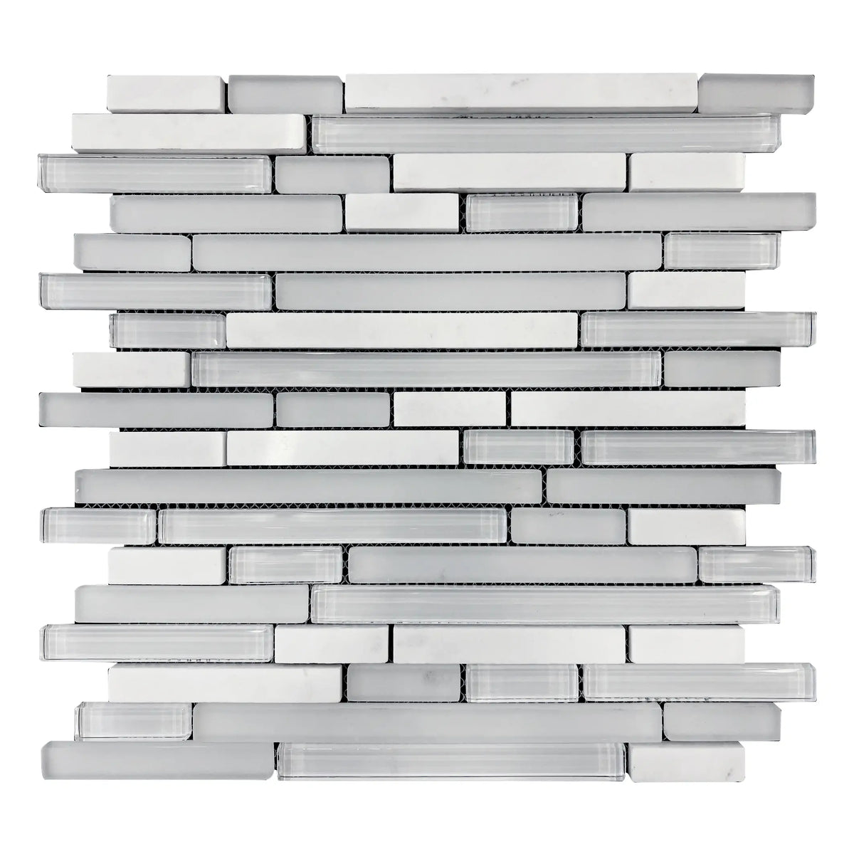 Single 12x13 inch White Staccato Marble & Glass Random Strips Mosaic Tile – elegant white marble and glass mix, 1.08 sq. ft per piece.