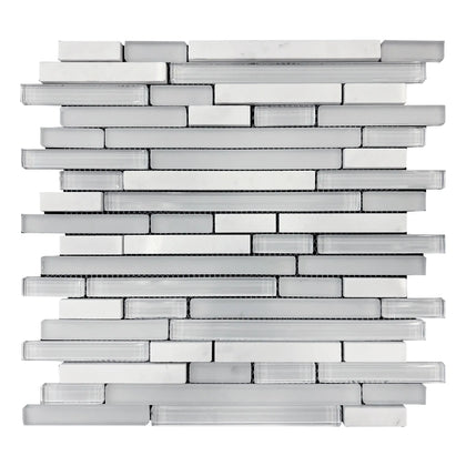Single 12x13 inch White Staccato Marble & Glass Random Strips Mosaic Tile – elegant white marble and glass mix, 1.08 sq. ft per piece.
