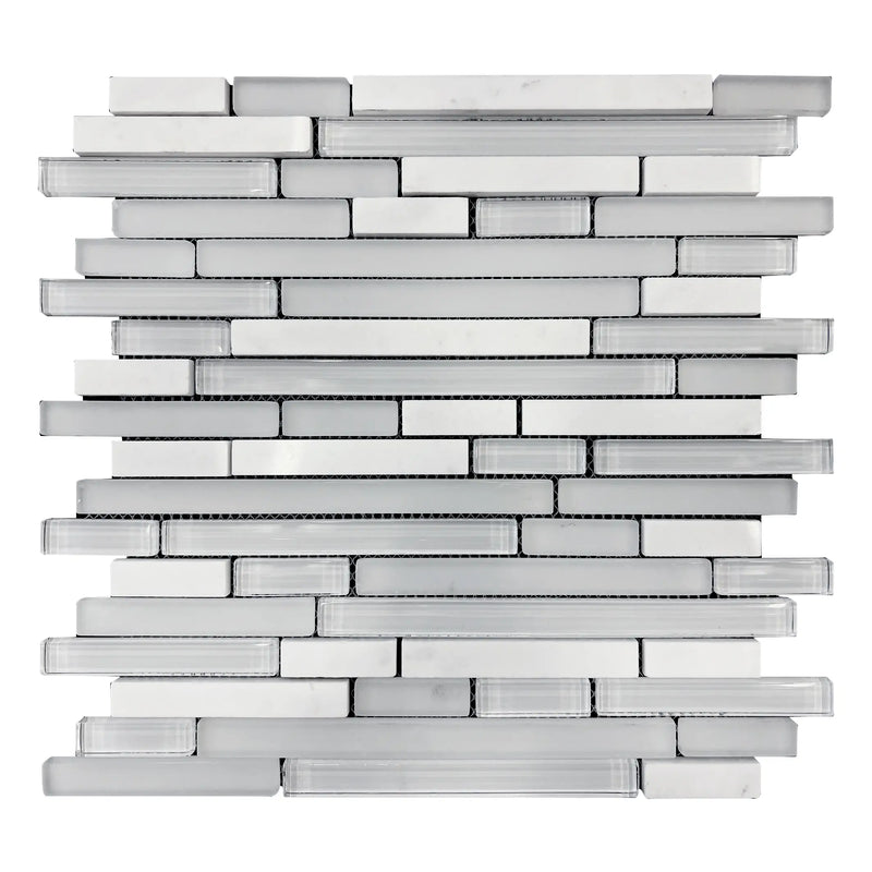 Single 12x13 inch White Staccato Marble & Glass Random Strips Mosaic Tile – elegant white marble and glass mix, 1.08 sq. ft per piece.