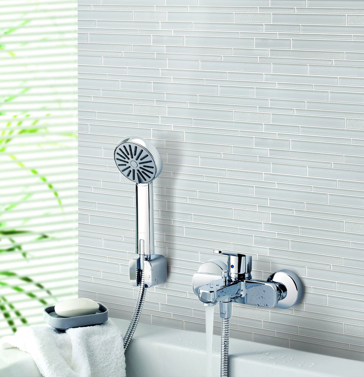 Elegant bathroom showcasing 12x13 inch White Staccato Marble & Glass Random Strips Tiles – bright glass and marble strips creating a serene vibe.