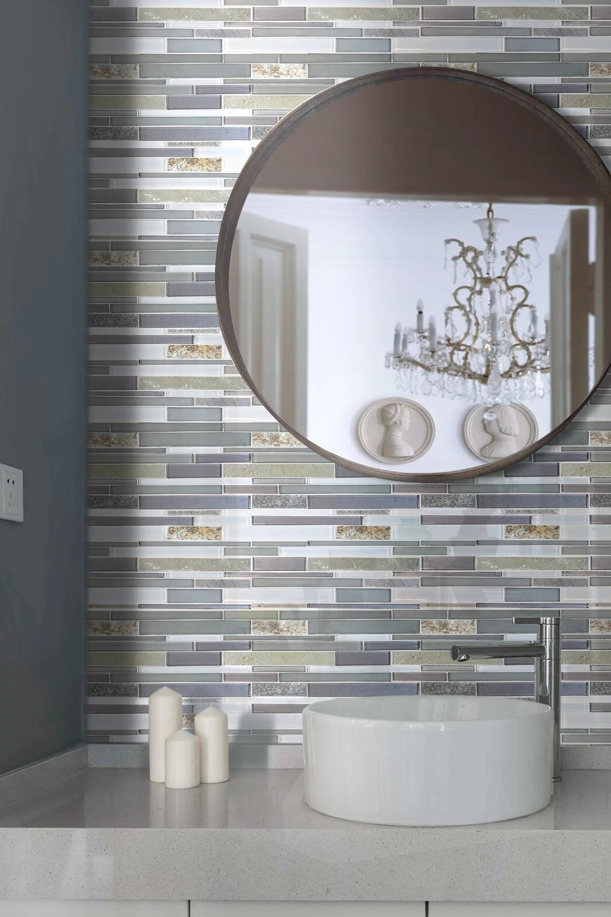 Modesto Quartzet & Glass Mix Random Strip Glass Mosaic Wall Tile - Sample (Product Shown is Full Size)