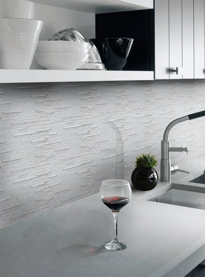 White Shadow Glass Mix Thin Strip 12-in x 12-in Glass Mosaic Wall Tile( 10 sq. ft. /Box )