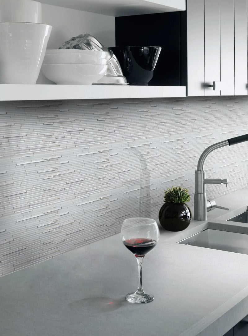 White Shadow Glass Mix Thin Strip 12-in x 12-in Glass Mosaic Wall Tile( 10 sq. ft. /Box )