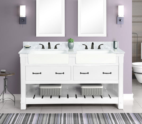 Farmington 60" Open Shelf Vanity Set with Premium Carrara Marble Top