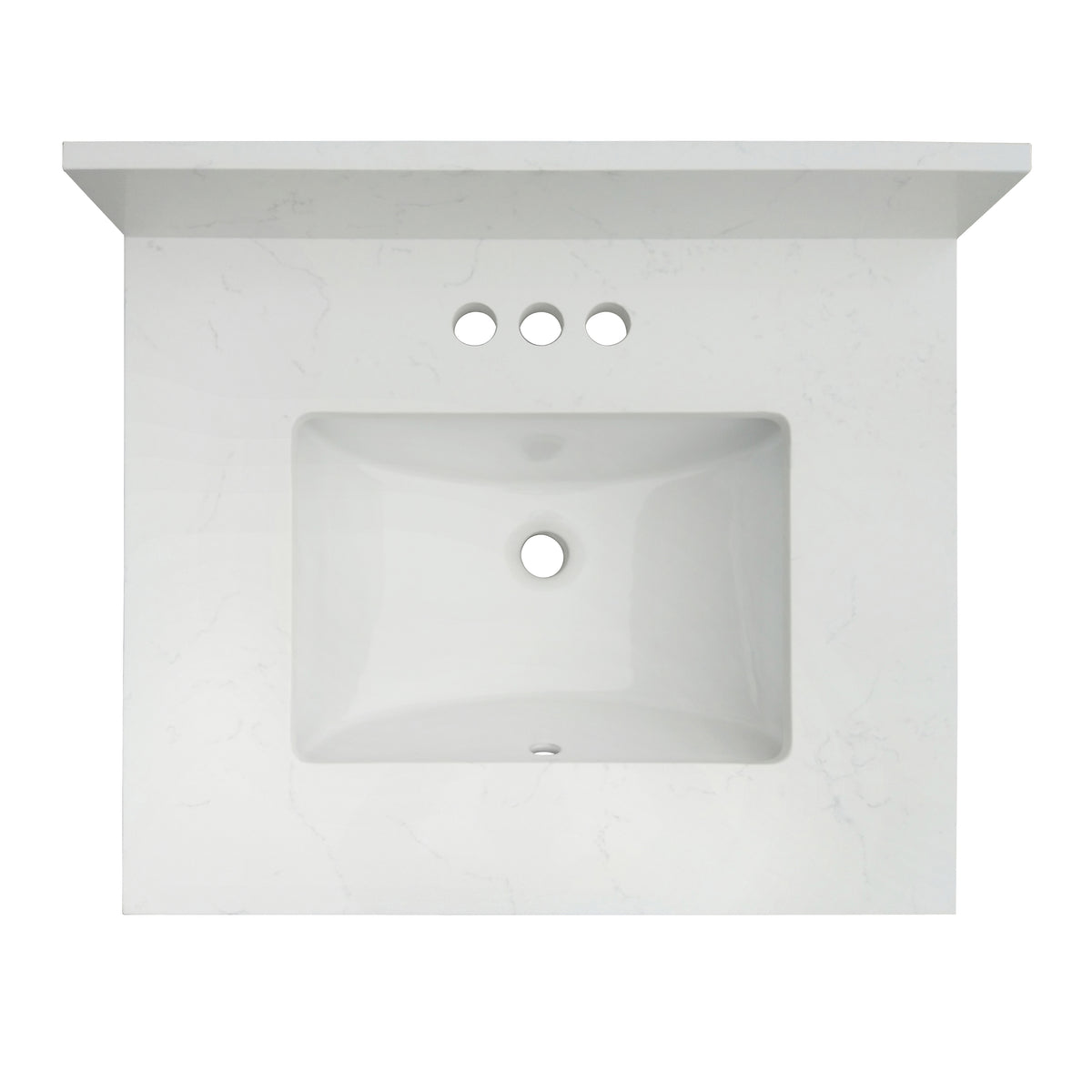 25" Carrara quartz vanity top with sink featuring a sleek rectangular basin design and polished finish.
