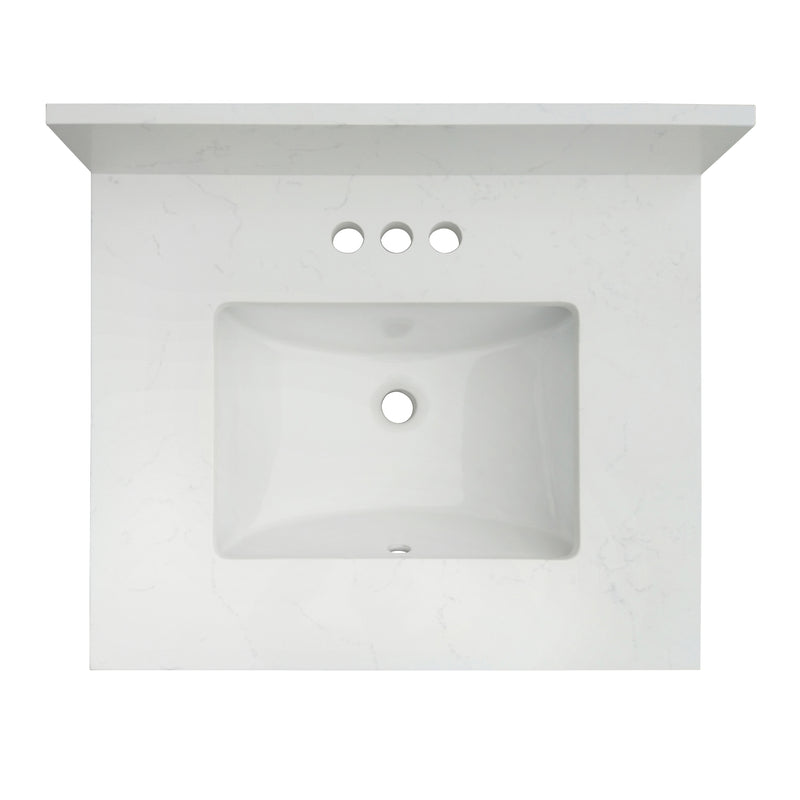 25" Carrara quartz vanity top with sink featuring a sleek rectangular basin design and polished finish.