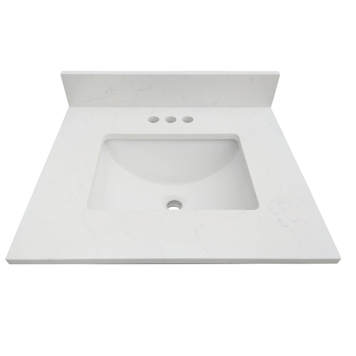 25" Carrara quartz vanity top with sink, elegant white surface, designed for modern bathroom aesthetics.
