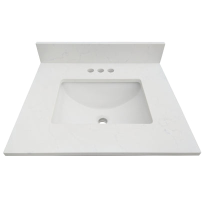 25" Carrara quartz vanity top with sink, elegant white surface, designed for modern bathroom aesthetics.