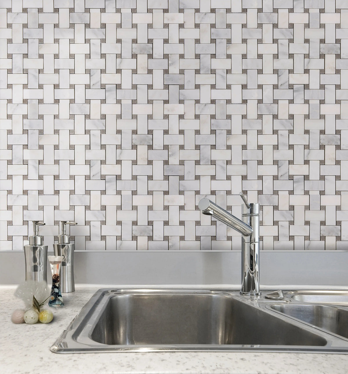 Oriental White + Gray Lady 12-in x 12-in Polished Basketweave Marble Mosaic Floor and Wall Tile( 5 sq. ft. /Box )