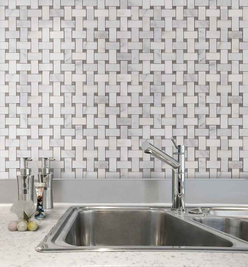 Oriental White + Gray Lady 12-in x 12-in Polished Basketweave Marble Mosaic Floor and Wall Tile( 5 sq. ft. /Box )