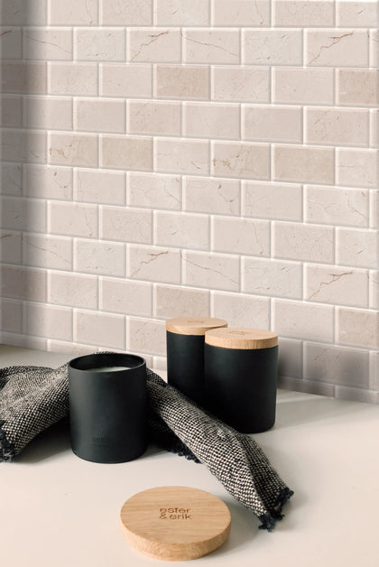Cream Marfil Bevel Brick 12-in x 12-in Polished Marble Mosaic Wall Tile( 5 sq. ft. /Box )