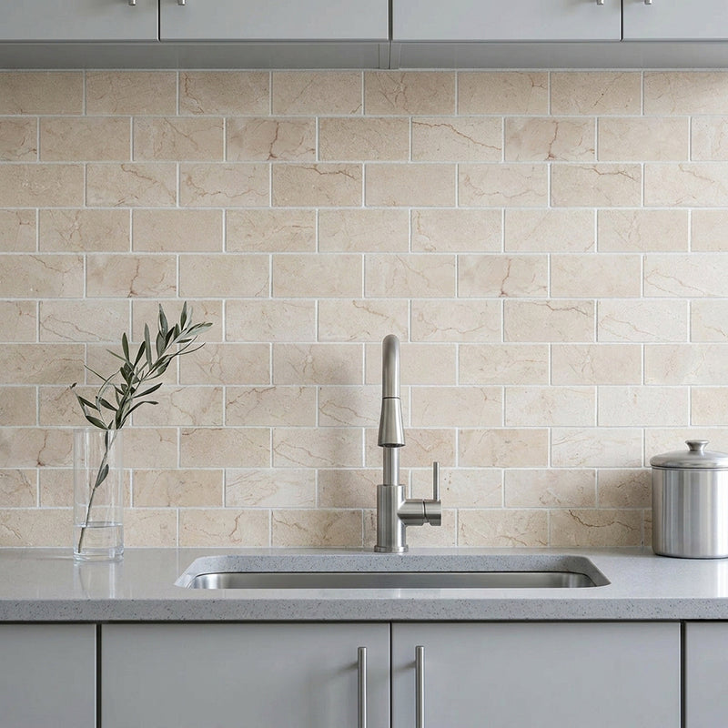 Cream Marfil Bevel Brick 12-in x 12-in Polished Marble Mosaic Wall Tile( 5 sq. ft. /Box )