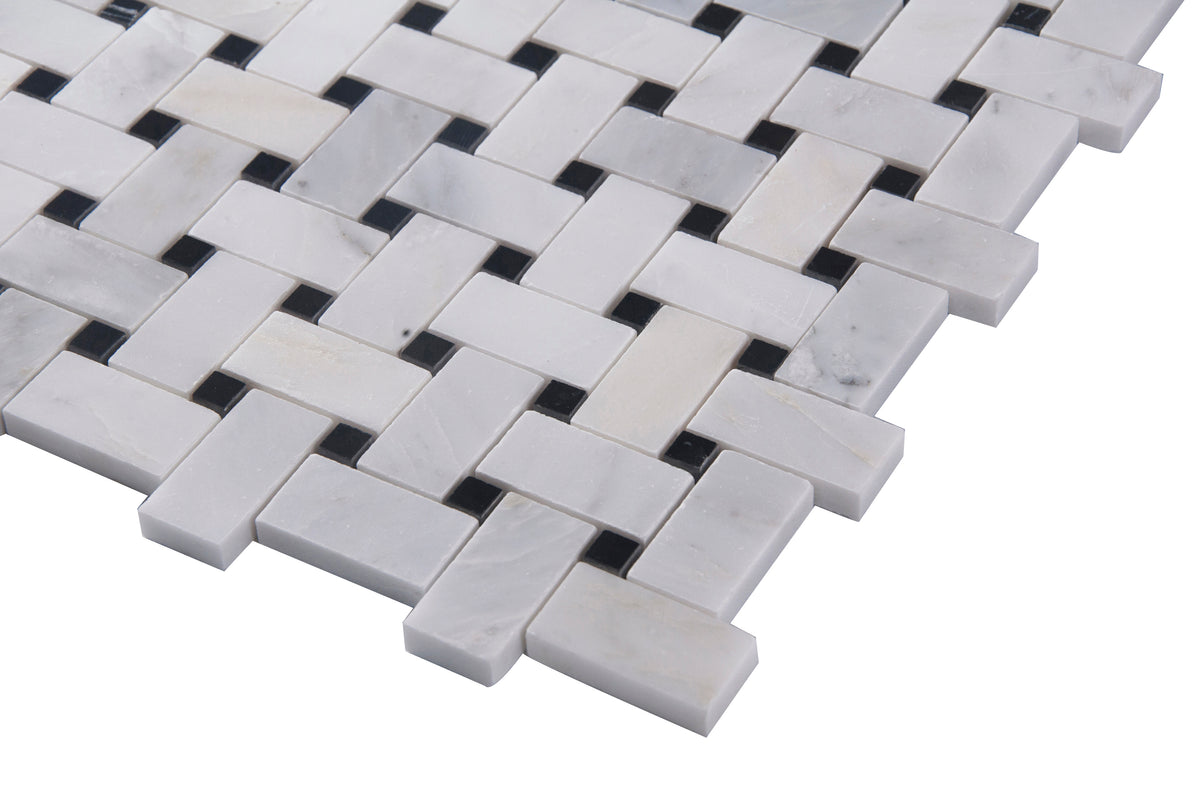 Oriental White + Pure Black Polished Basketweave Marble Mosaic Floor and Wall Tile - Sample (Product Shown is Full Size)
