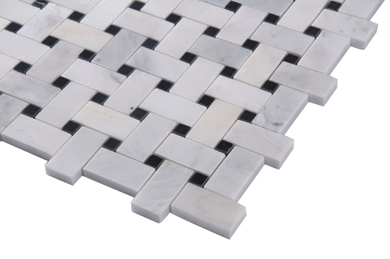 Oriental White + Pure Black Polished Basketweave Marble Mosaic Floor and Wall Tile - Sample (Product Shown is Full Size)