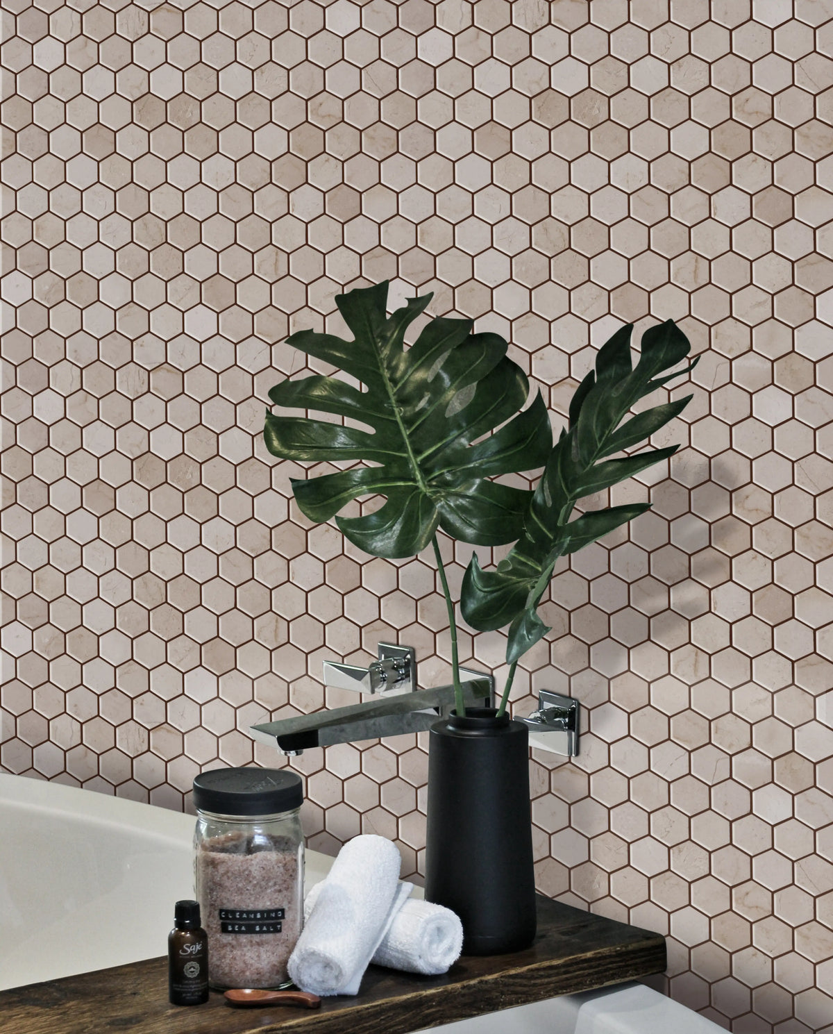 Cream Marfil Hexagon Polished Marble Mosaic Floor and Wall Tile - Sample (Product Shown is Full Size)