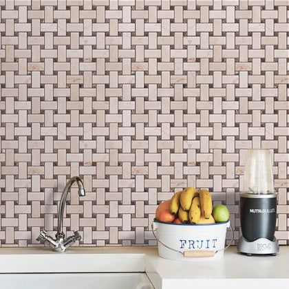 Cream Marfil+Emperador Basketweave Polished Marble Mosaic Floor and Wall Tile - Sample (Product Shown is Full Size)