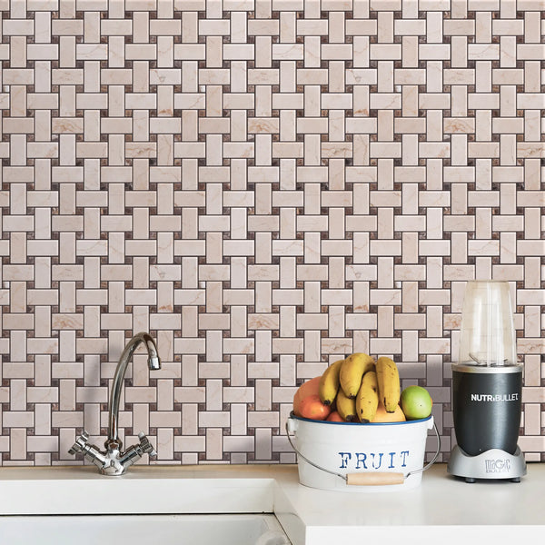 Cream Marfil+Emperador Basketweave Polished Marble Mosaic Floor and Wall Tile - Sample (Product Shown is Full Size)