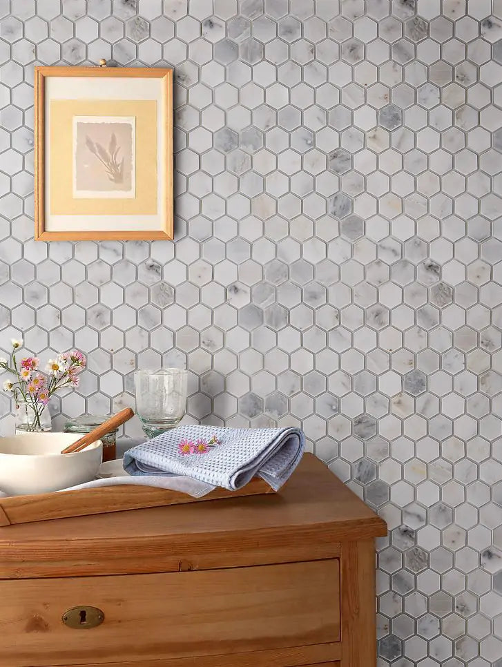 1-in Oriental White Hexagon 12-in x 11-in Honed Marble Mosaic Floor and Wall Tile( 4.6 sq. ft. /Box )