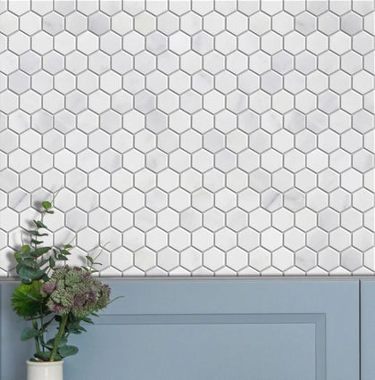 1-in Oriental White Hexagon 12-in x 11-in Honed Marble Mosaic Floor and Wall Tile( 4.6 sq. ft. /Box )
