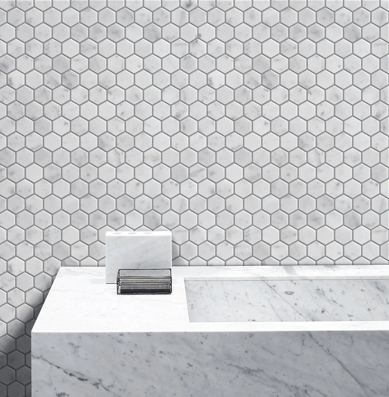 1-in Carrara White Hexagon 12-in x 11-in Polished Marble Mosaic Floor and Wall Tile( 4.6 sq. ft. /Box )