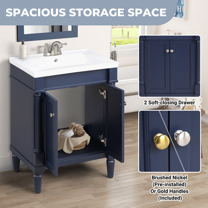 24 inch navy blue bathroom vanity with porcelain top in modern bathroom setting, featuring under-sink storage and soft-closing drawers.