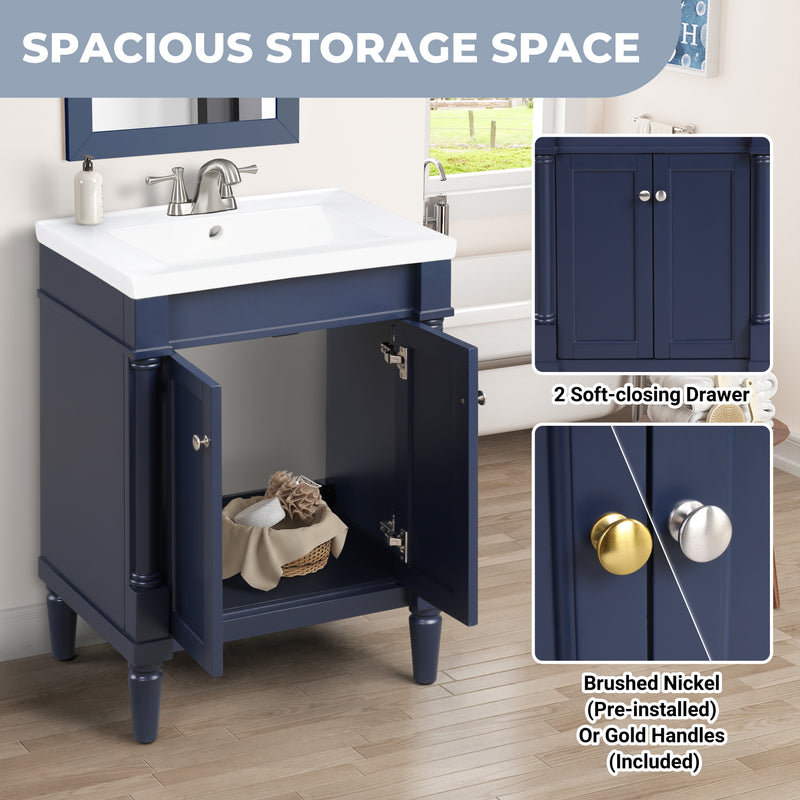 Torino 24" navy blue bathroom vanity with spacious storage, soft-closing drawers, and adjustable handle options.