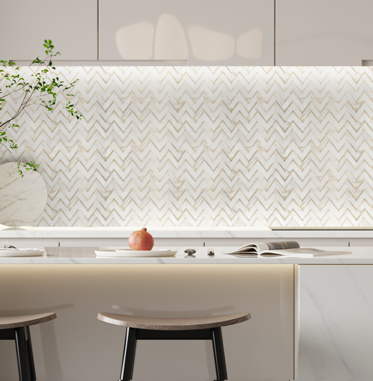 Zigzag Calacatta White with Gold Metal 13-in x 11-in Waterjet Mosaic Wall Tile ( 5 sq. ft. /Box )