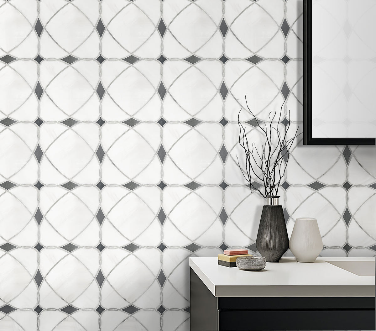 Astral White Dolomite & Palissandro 12-in x 12-in Polished Waterjet Mosaic Floor and Wall Tile( 5 sq. ft. /Box )
