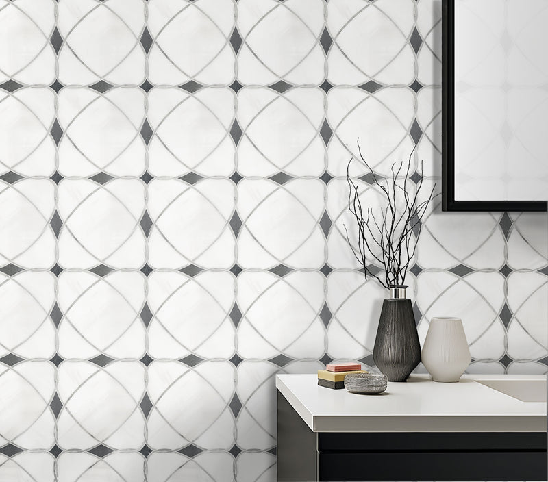 Astral White Dolomite & Palissandro 12-in x 12-in Polished Waterjet Mosaic Floor and Wall Tile( 5 sq. ft. /Box )