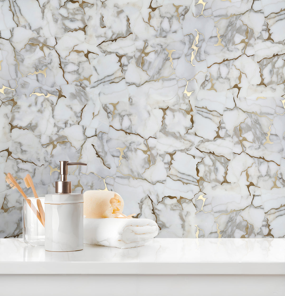 Calacatta Gold Marble Organic Geode 12-in x 11-in Waterjet Mosaic Wall Tile( 4.6 sq. ft. /Box )