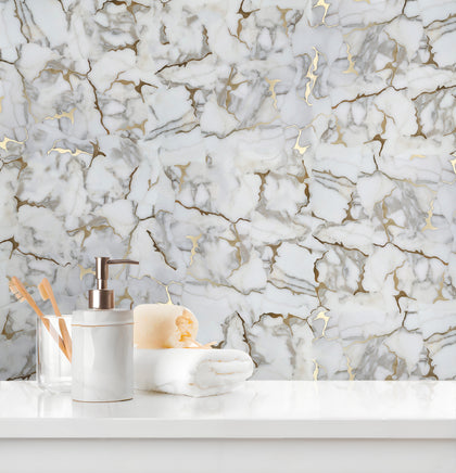 Calacatta Gold Marble Organic Geode 12-in x 11-in Waterjet Mosaic Wall Tile( 4.6 sq. ft. /Box )