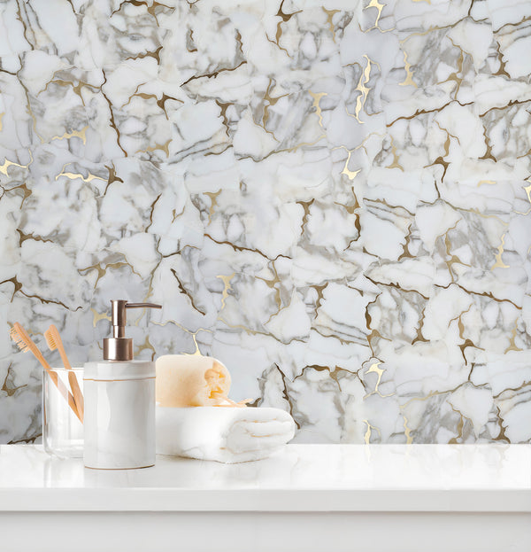 Calacatta Gold Marble Organic Geode 12-in x 11-in Waterjet Mosaic Wall Tile( 4.6 sq. ft. /Box )