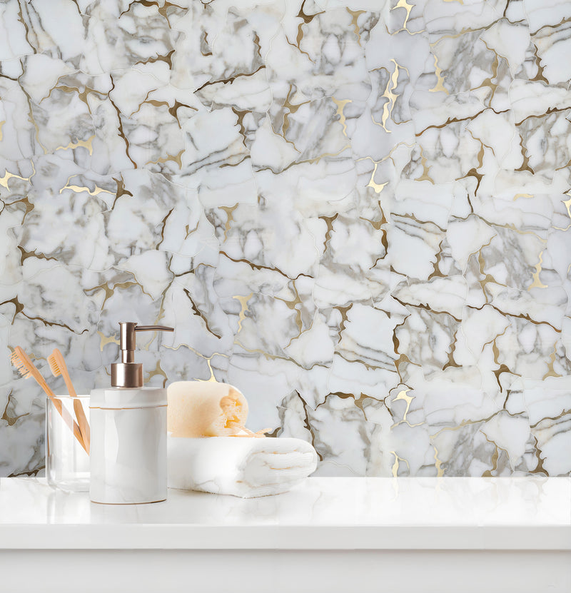 Calacatta Gold Marble Organic Geode 12-in x 11-in Waterjet Mosaic Wall Tile( 4.6 sq. ft. /Box )