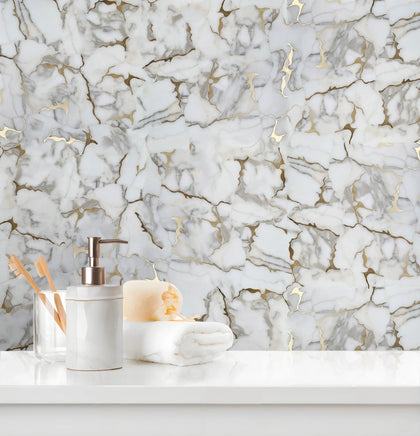Calacatta Gold Marble Organic Geode 12-in x 11-in Waterjet Mosaic Wall Tile( 4.6 sq. ft. /Box )