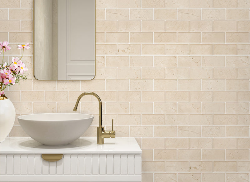 Cream Marfil Bevel Brick 12-in x 12-in Polished Marble Mosaic Wall Tile( 5 sq. ft. /Box )