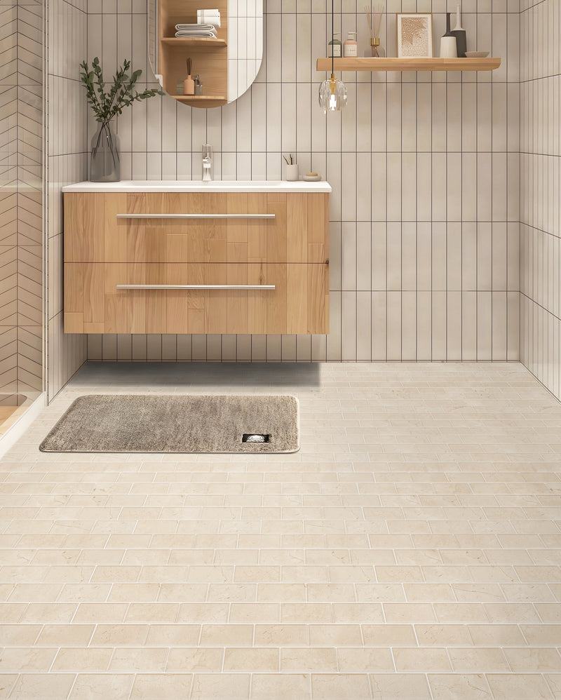 Cream Marfil Bevel Brick 12-in x 12-in Polished Marble Mosaic Wall Tile( 5 sq. ft. /Box )