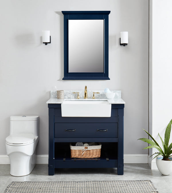 Elegant navy blue bathroom vanity mirror above a modern sink and cabinet in a stylish bathroom setting.