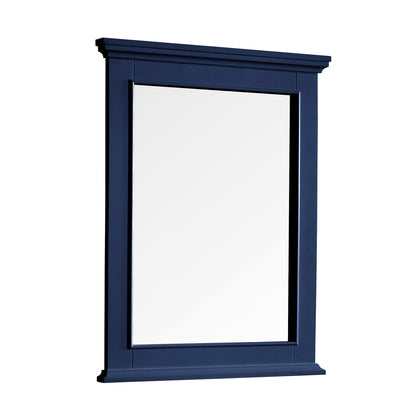 Navy blue bathroom vanity mirror, framed rectangular design, 25 in. W x 36 in. H, perfect for medium-sized bathrooms.