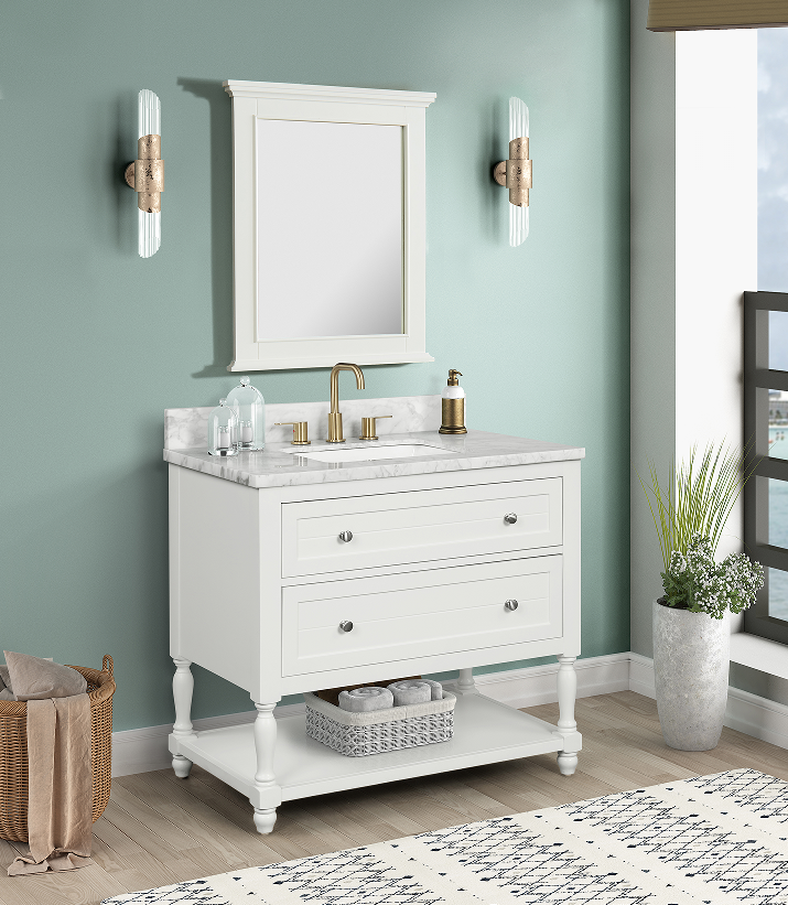 dove white framed bathroom vanity mirror above a stylish bathroom vanity with a marble countertop and modern fixtures.