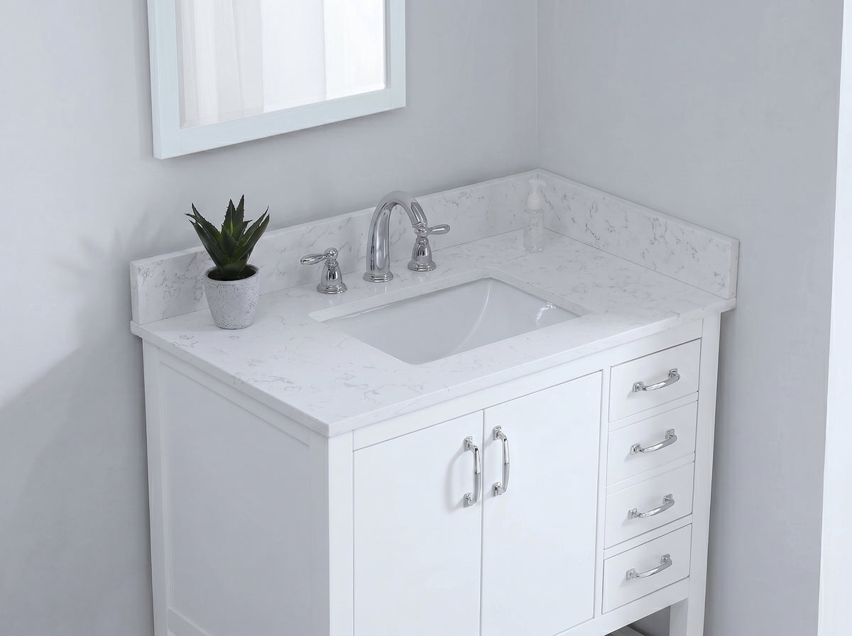 31-inch Carrara White Quartz vanity top with undermount sink and backsplash installed on a white shaker-style bathroom cabinet.