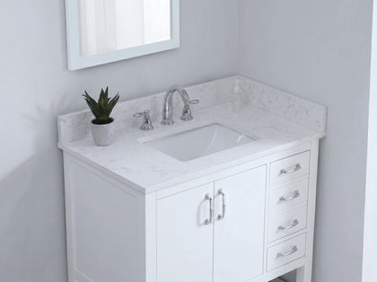 31-inch Carrara White Quartz vanity top with undermount sink and backsplash installed on a white shaker-style bathroom cabinet.
