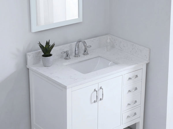 31-inch Carrara White Quartz vanity top with undermount sink and backsplash installed on a white shaker-style bathroom cabinet.