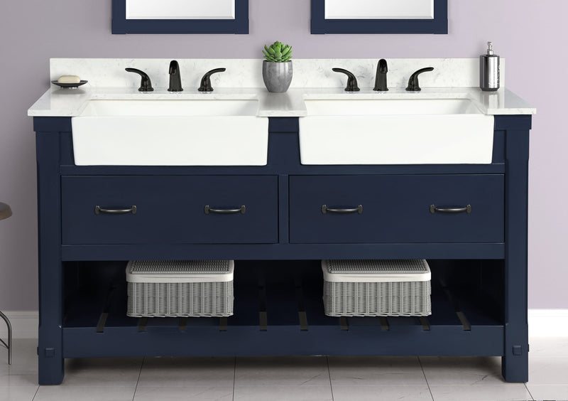 Farmington navy blue 60" Open Shelf Vanity Set with Premium Carrara Marble Top