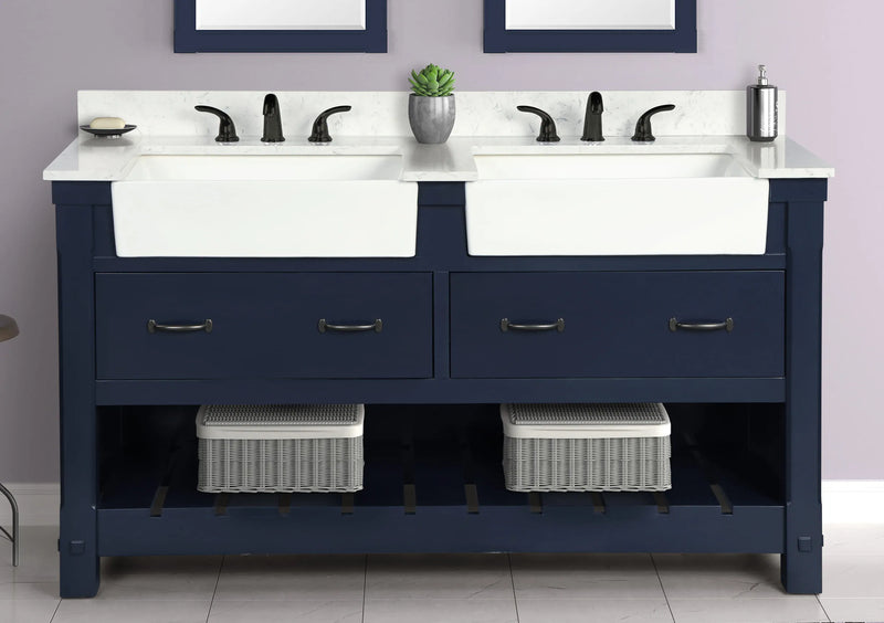 Farmington navy blue 60" Open Shelf Vanity Set with Premium Carrara Marble Top