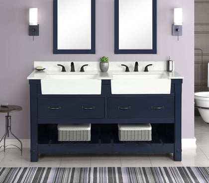 Farmington navy blue 60" Open Shelf Vanity Set with Premium Carrara Marble Top