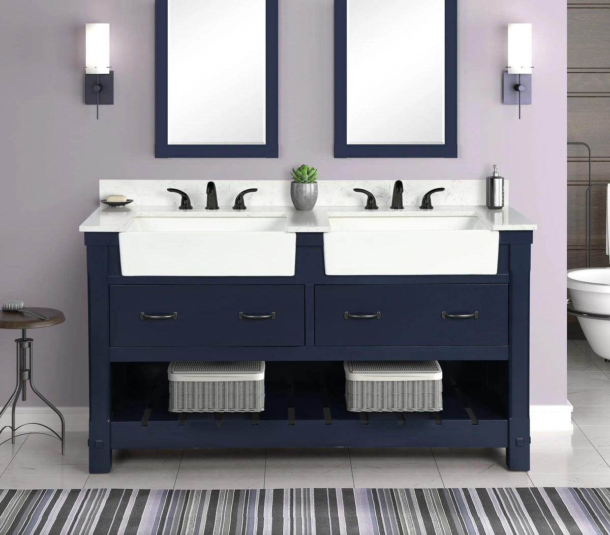 Farmington navy blue 60" Open Shelf Vanity Set with Premium Carrara Marble Top